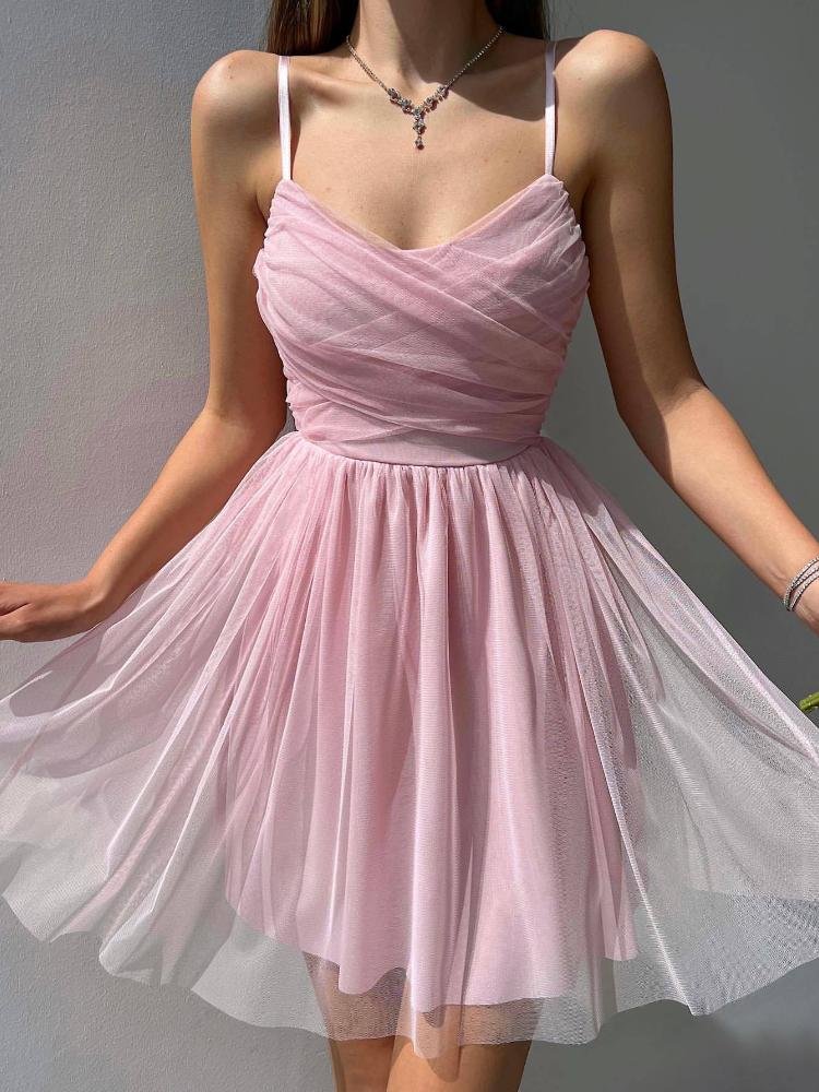 Neosepa-Alluring Low Cut Pleated Sheer Mesh Sleeveless Pure Color Mini Dress