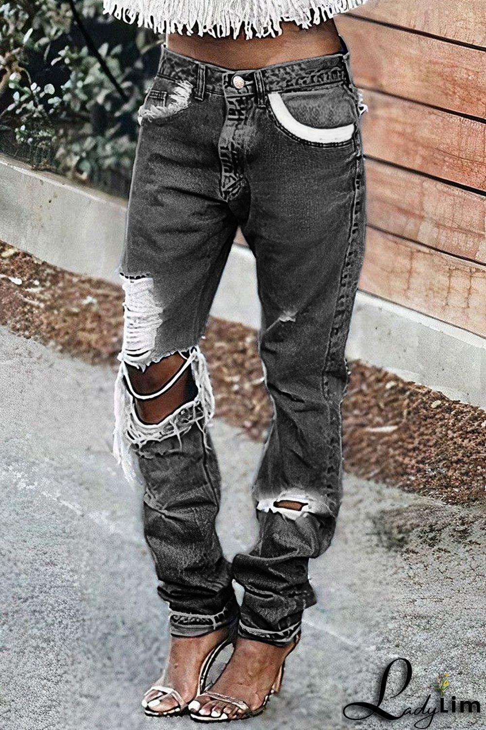 Ripped Low Waist Slant Pocket Straight Leg Jeans