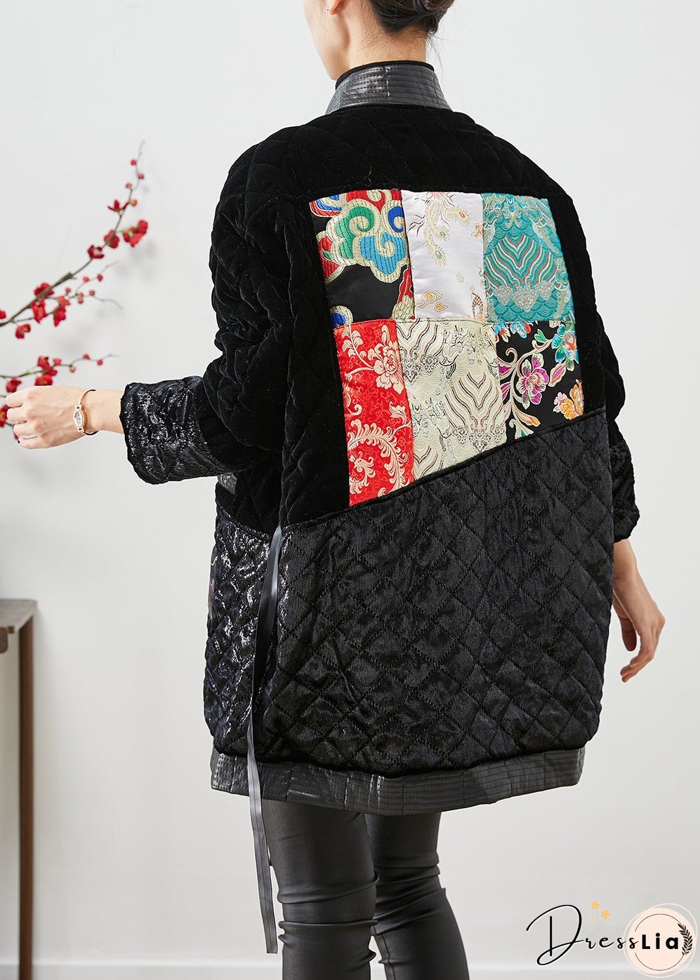 Modern Black Lace Up Patchwork Silk Velour Cotton Filled Coat Winter