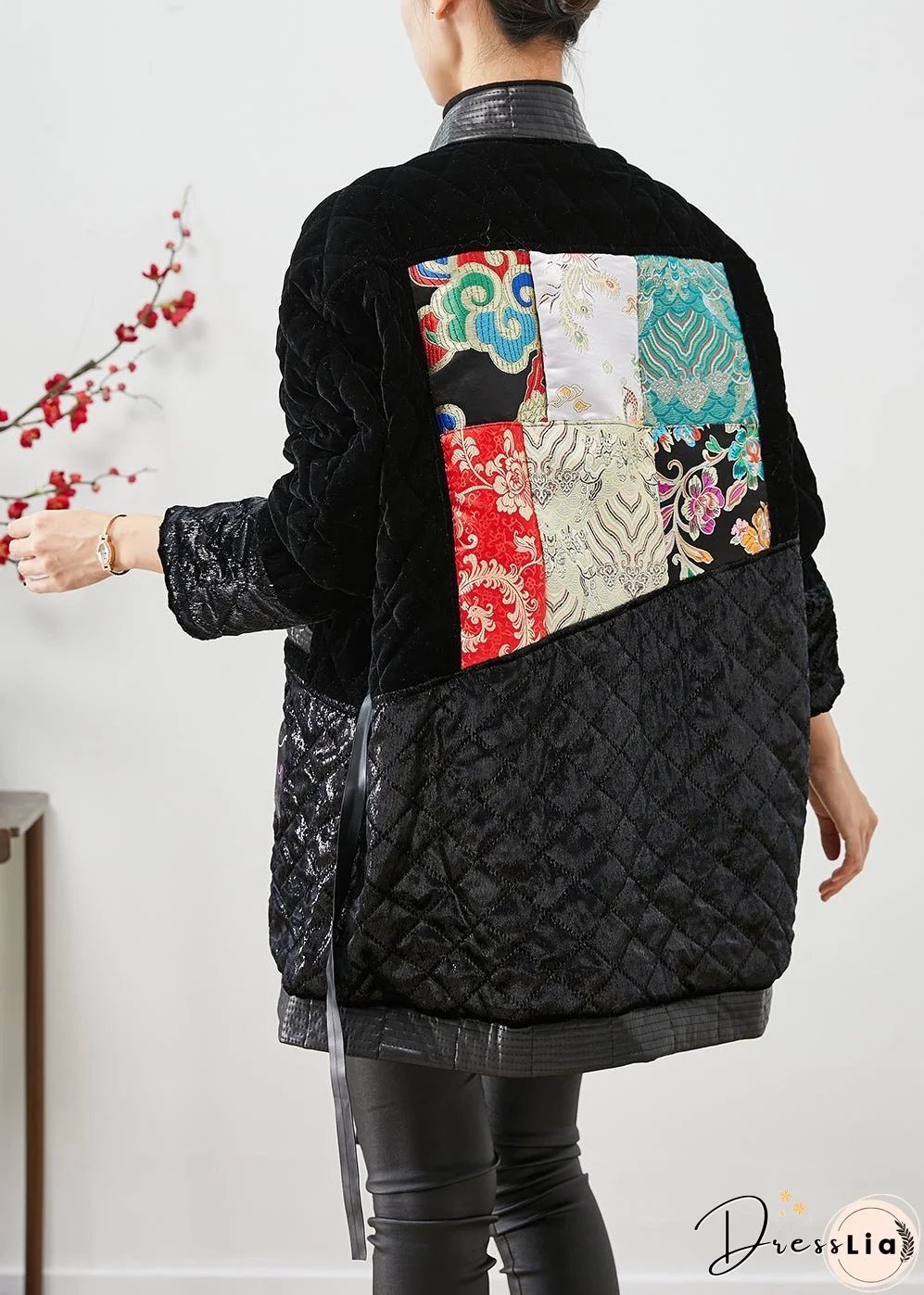 Modern Black Lace Up Patchwork Silk Velour Cotton Filled Coat Winter