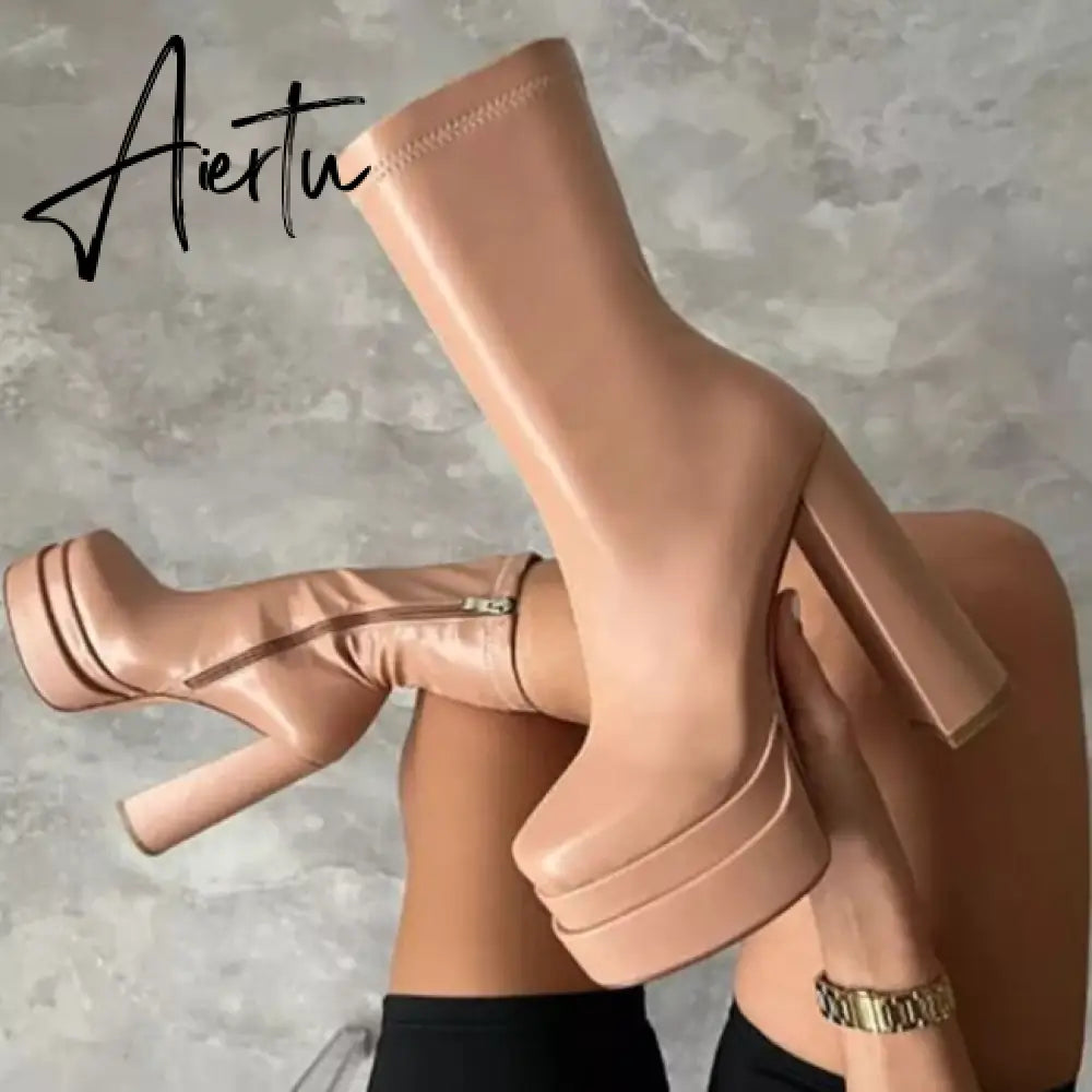 Aiertu  New Women Platform Boots Chunky Heels Designer Shoes For Women Motorcycle Boots Side Zipper Women's Ankle Botas Femininas Aiertu