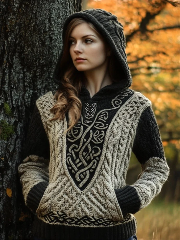 Vintage Celtic Contrast Color Cozy Hooded Sweater