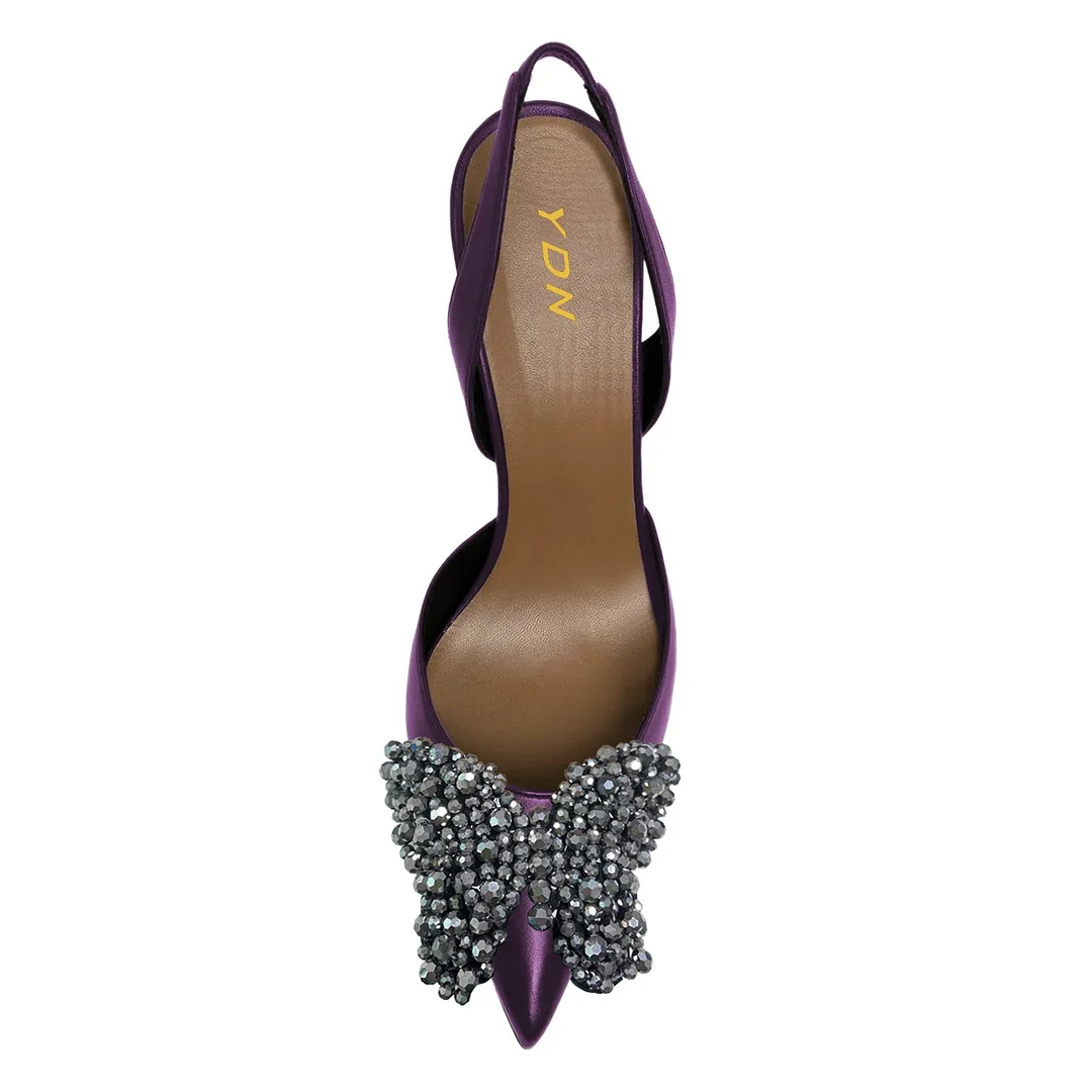 Metallic Purple Rhinestone Butterfly Flared Heel Pumps for Women
