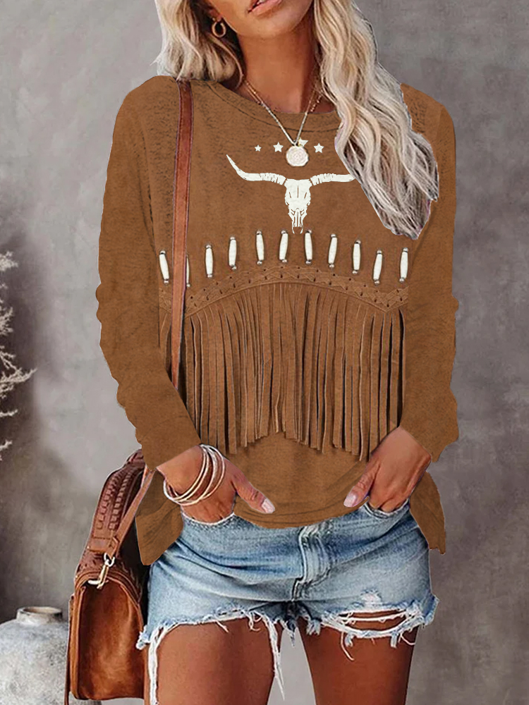 Comstylish Vintage Western Fringe & Bull Skull Art Long Sleeve T Shirt
