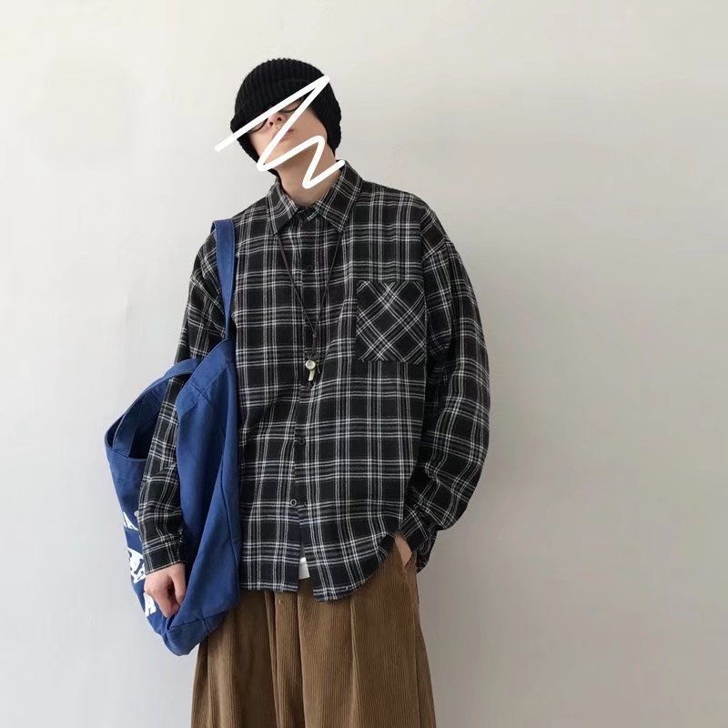 Long Sleeved Plaid Men's Korean Loose Casual Top Tops Shirts for Men Clothing Camisas y Blusa