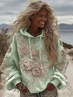 Women's Classic Romantic White Rose Embroidery Art Comfy Hoodie - Image 6