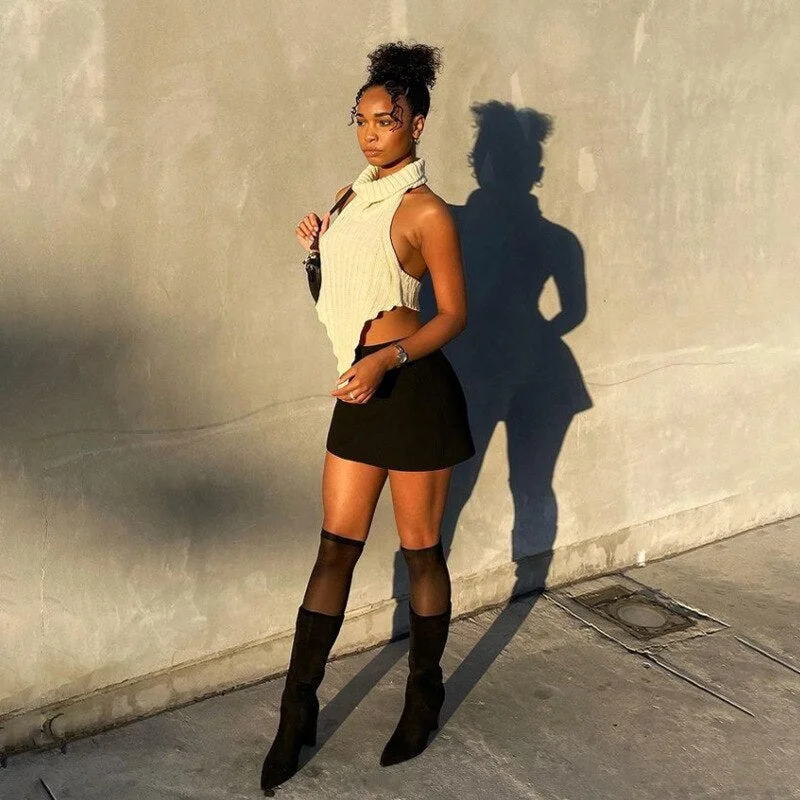 BIIKPIIK Knitted Vest For Women Turtleneck Casual Streetwear Fashion T-shirts Backless Sleeveless Hot Sexy All-match Female Tops