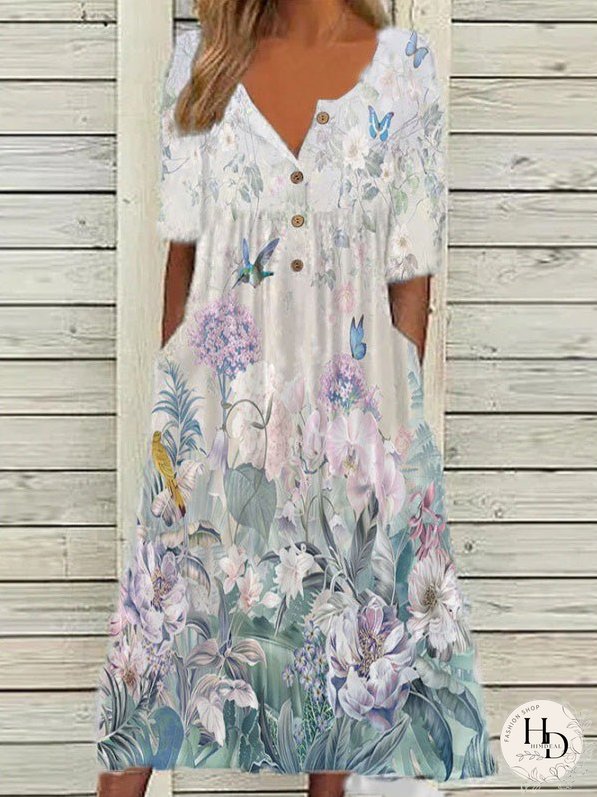 Dresses Printed V-Neck Button Short Sleeve Pocket Dress for Women