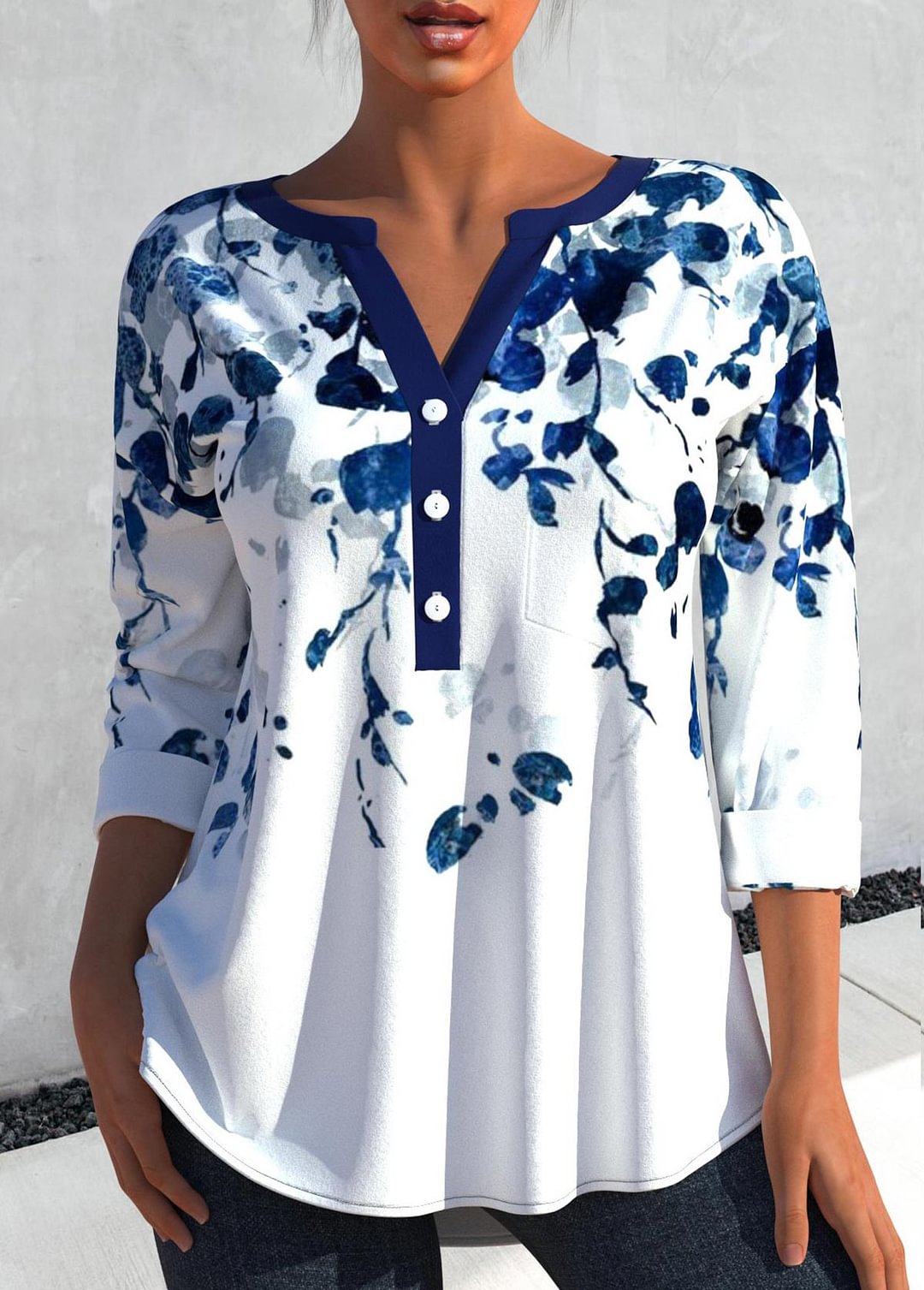 Navy Blue Split Neck Leaf Print Long Sleeve Blouse