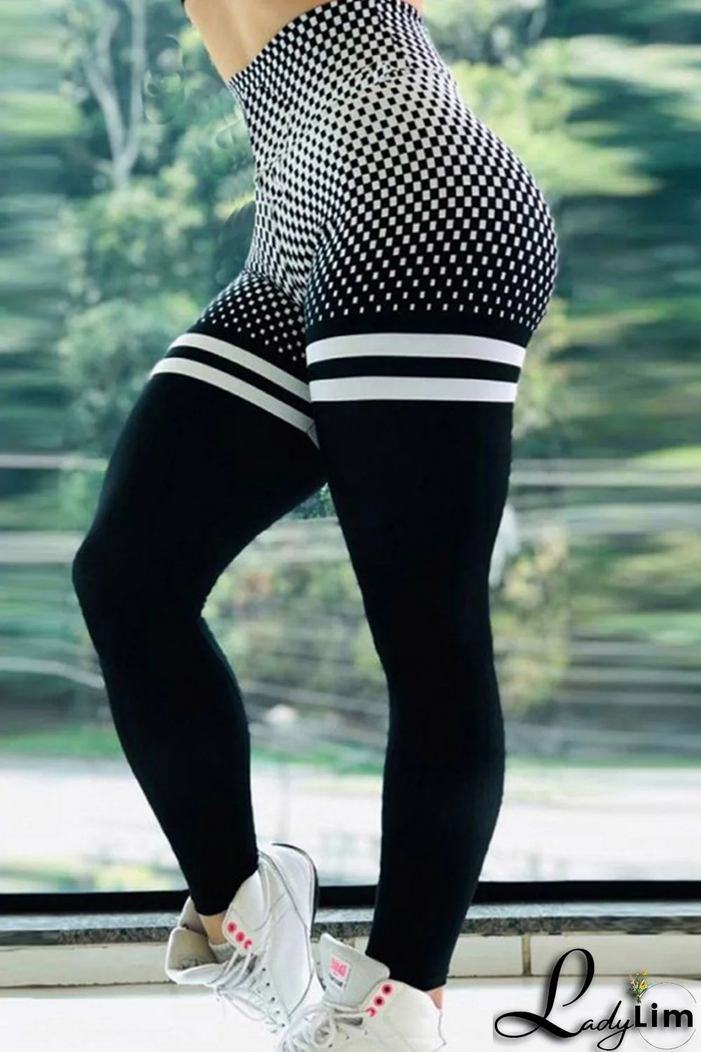 Black White Fashion Casual Sportswear Print Skinny High Waist Pencil Full Print Bottoms