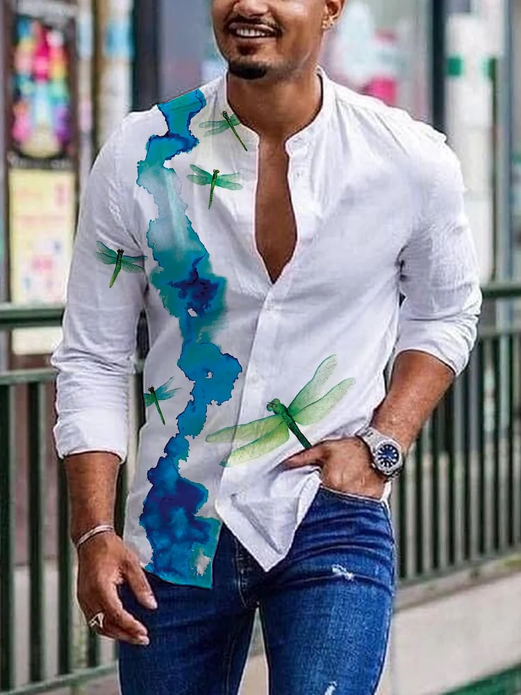 Pre-sale Men's casual shirt watercolor dragonfly print shirt