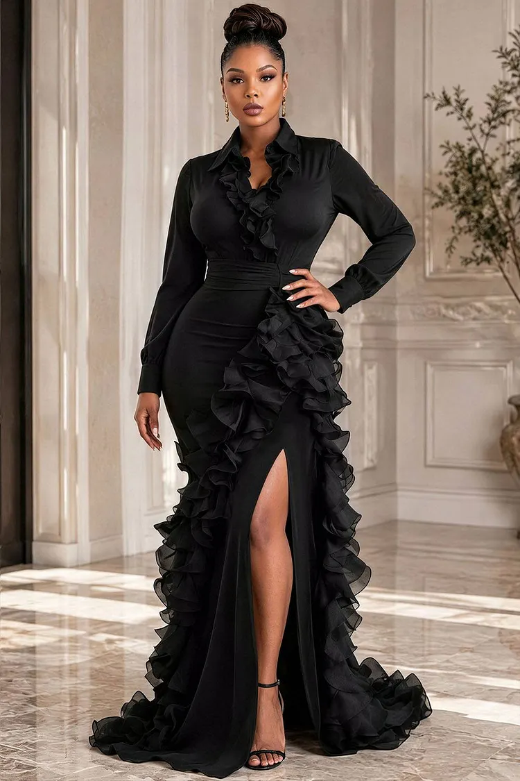 Xpluswear Design Plus Size Formal Black Shirt Collar Long Sleeve Ruffle Split Chiffon Maxi Dresses [Pre-Order] 2024 - Xpluswear