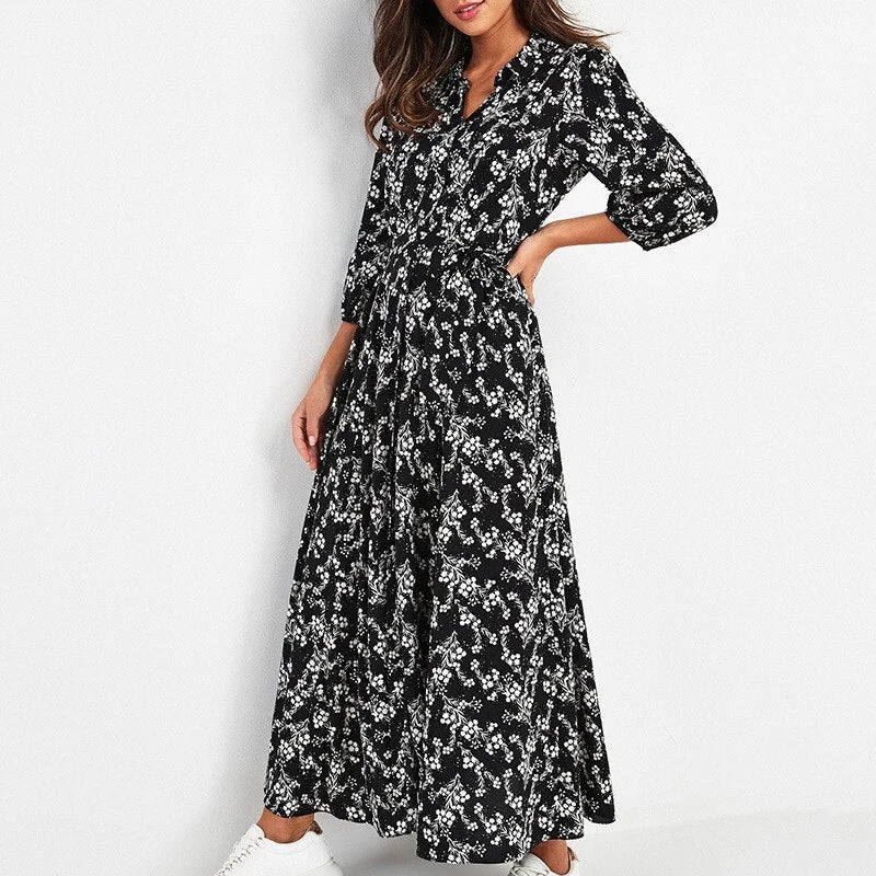 Autumn 2020 Polka Dot Print A Line Party Dress Women Turn Down Collar Casual Long Shirt Dresses Fashion Office Ladies Dresses