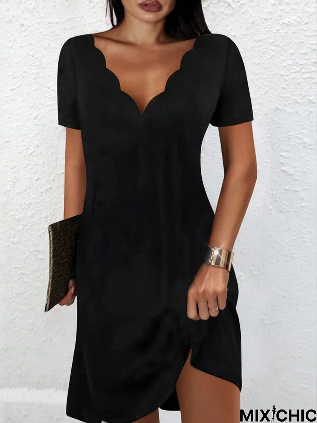 Casual Solid V neck Short Sleeve Knit Dress