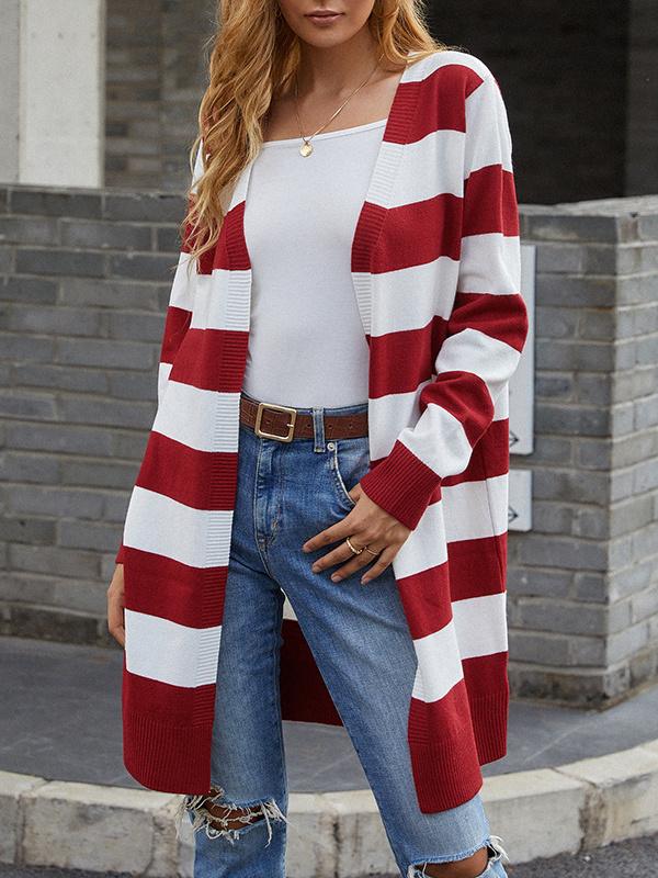 Women's V-neck Long Sleeve striped cardigan Top
