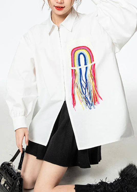 Unique White Peter Pan Collar Button Cotton Shirts Long Sleeve