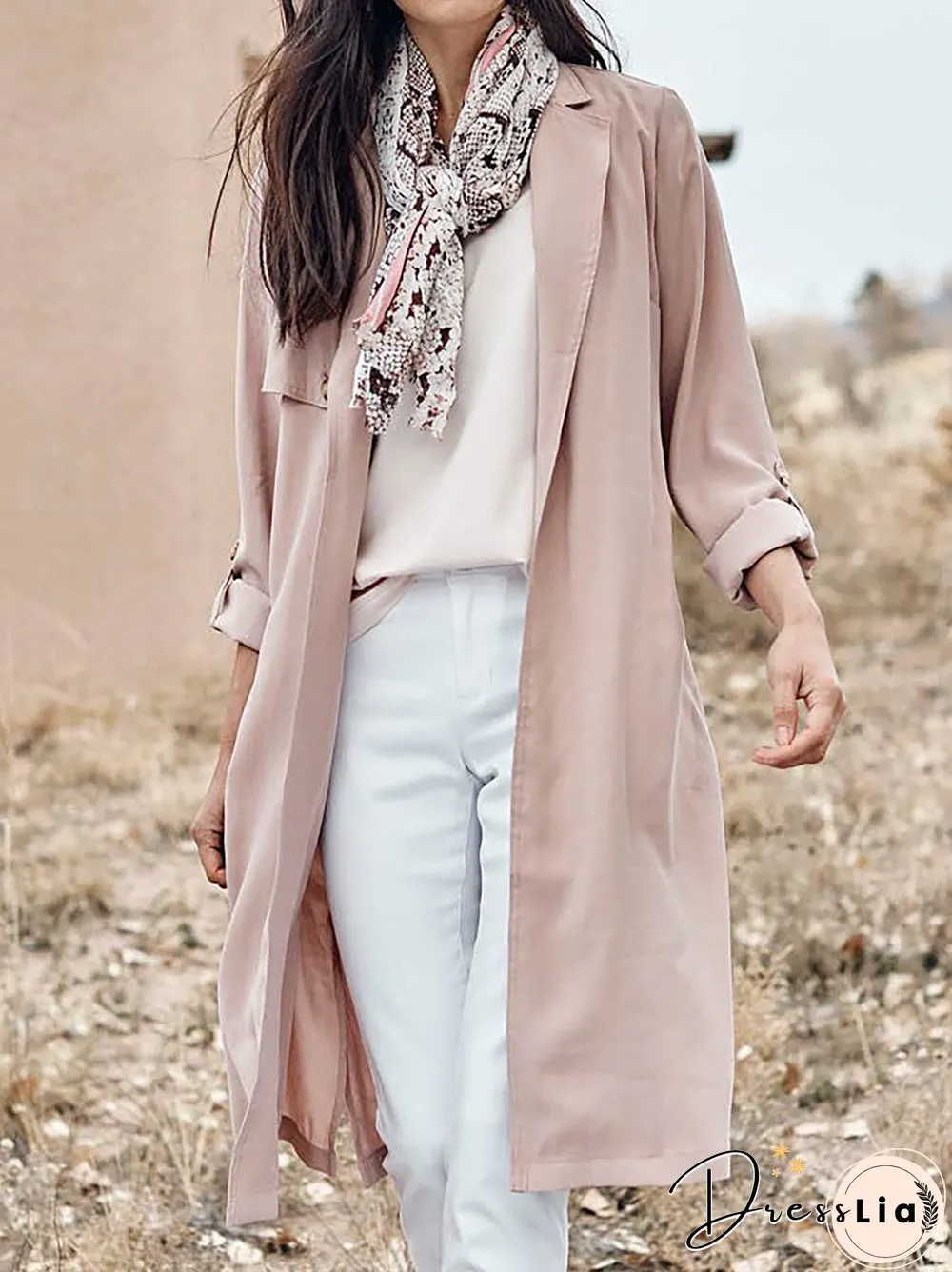 Women Casual Plain Autumn Polyester Micro-Elasticity Standard Lapel Collar Mid-long H-Line