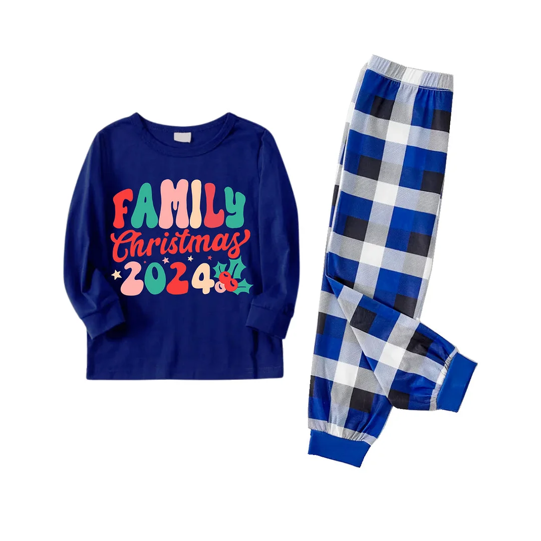 "Family Christmas 2024" Colorful Letter Pattern Blue Long Sleeves with Blue&White&Black Plaid Pants Family Matching Pajamas