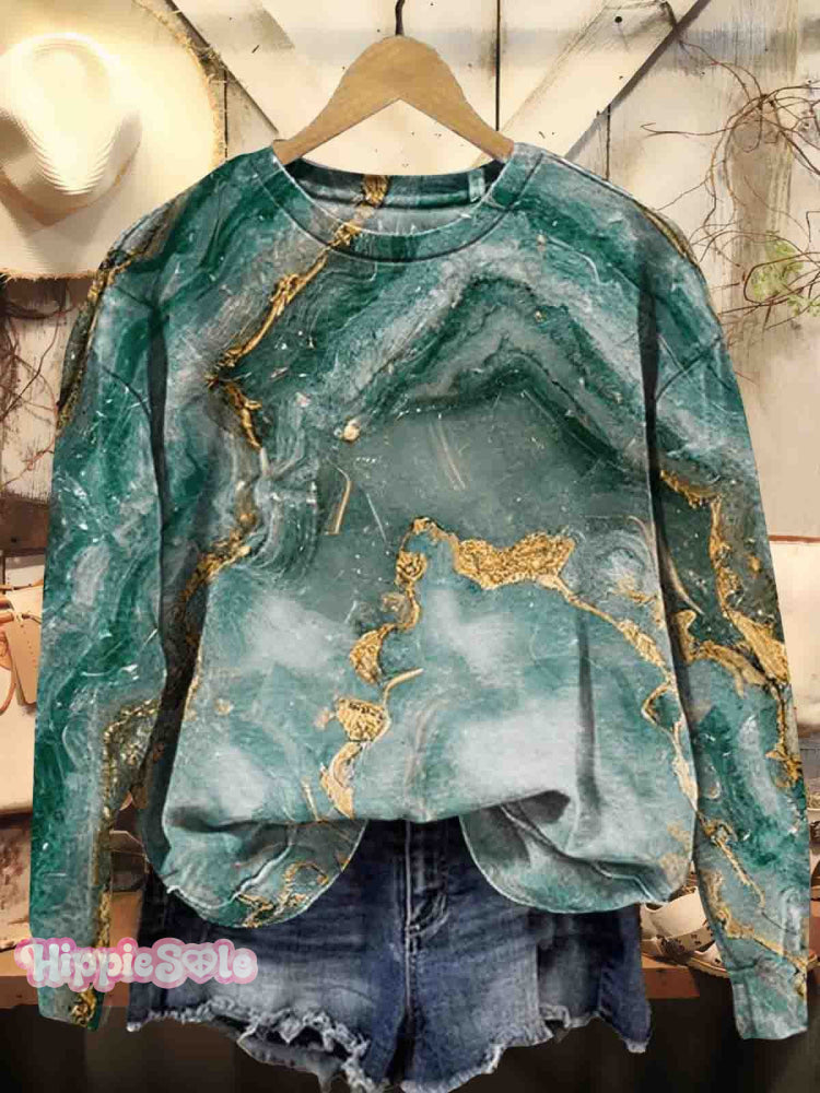 Women’s Liquid Marble Art Patterns Print Casual Crew Neck Sweatshirt Multicolor / S