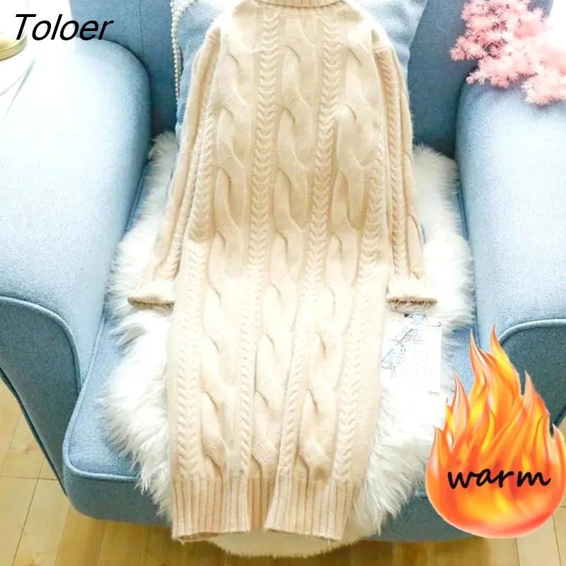 Toloer Winter Turtleneck Twist Knitting Dresses Women Warm Candy Color Rib Knited Pullover Dress Elegant Chic Solid Sweater Dresses