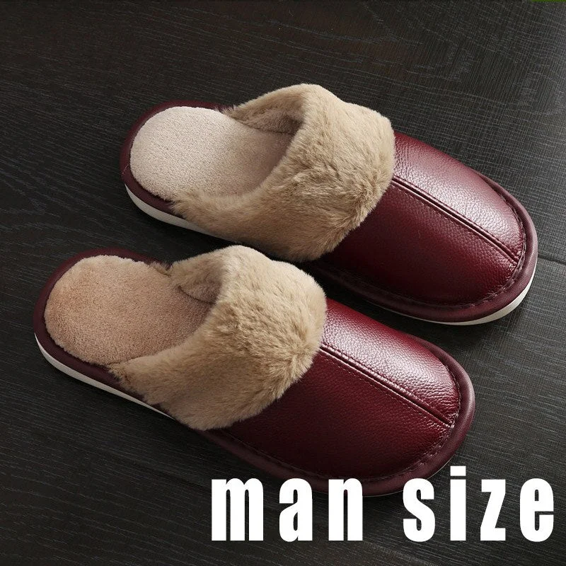 Men's Slippers Winter Genuine Leather Slippers for Men Warm Plush Slippers Large Size 45-46 Home Slippers Comfy House Shoes