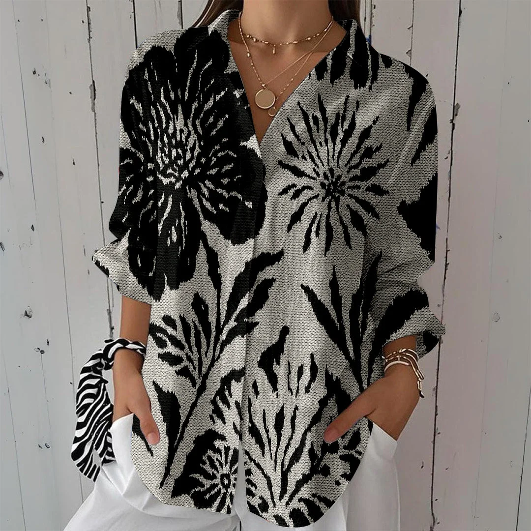 Style & Comfort for Mature Women Women Floral, Black DZCL0202 3/4 Sleeve Shirt Collar Printed Button Tops