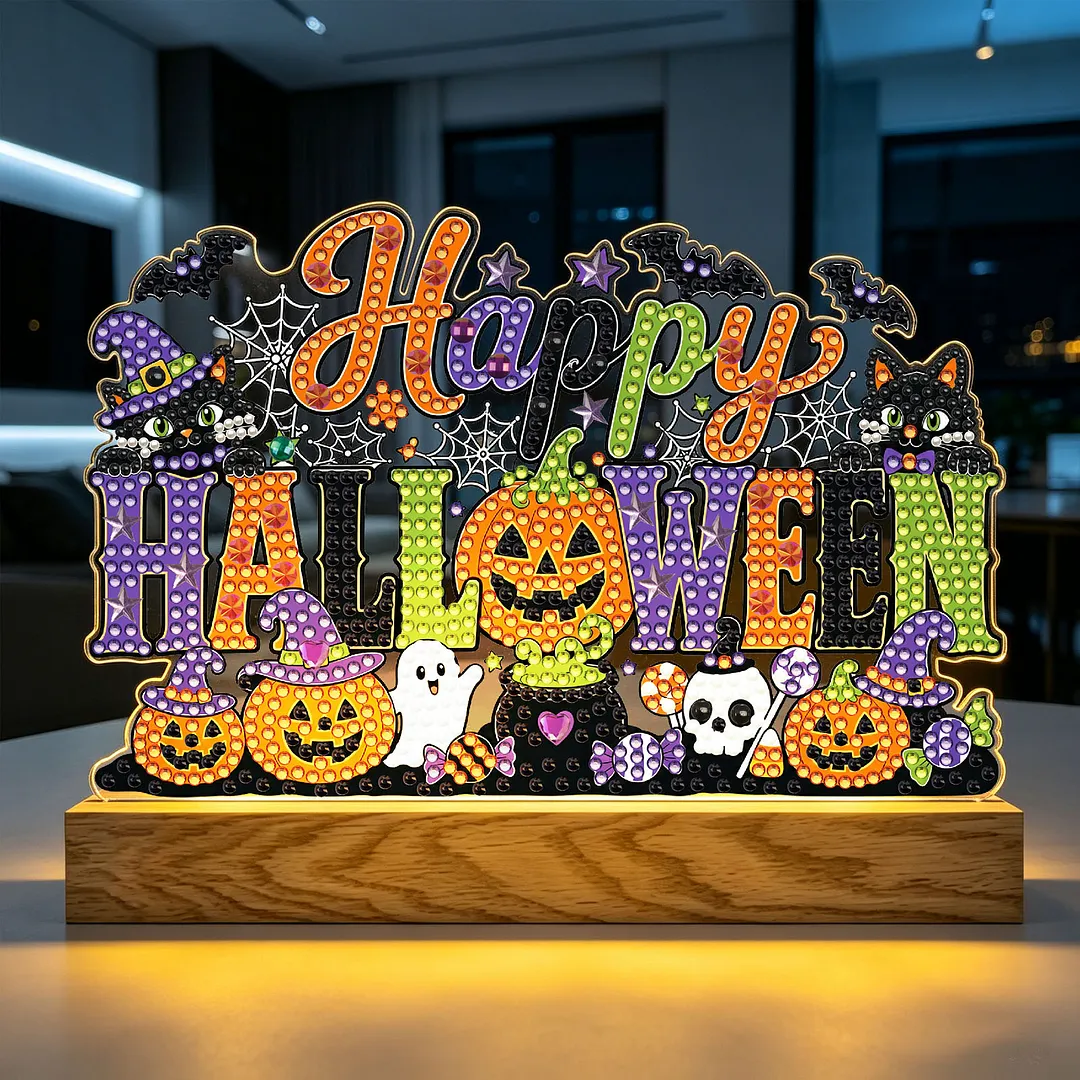 Halloween DIY Acrylic Diamond Painting Night Light for Adults Beginner Diamond Art Table Lamp with Wooden Base for Woman Man Desk Bedroom Tabletop Decor