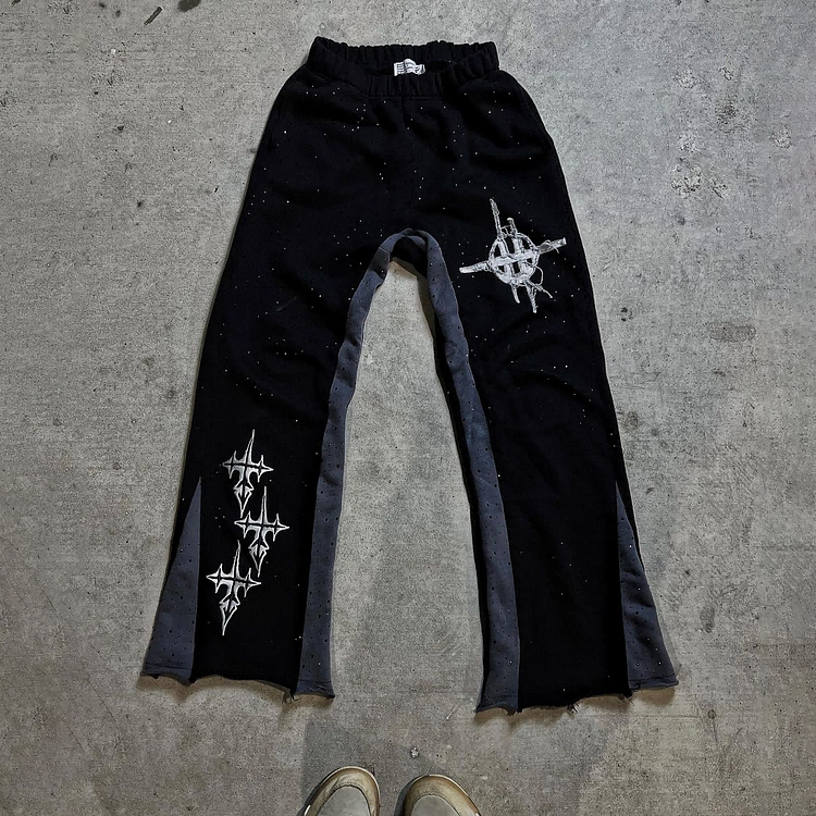 Black Rhinestone Faith Cross Graphic Flared Sweatpants SOPULA