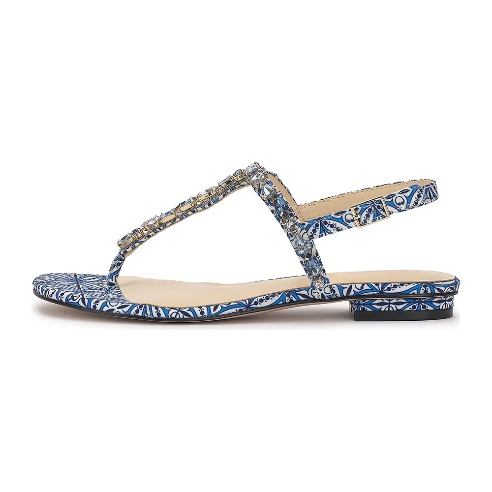 Blue Round Toe Flip Flop Slingback Women's Sandals with Rhinestones