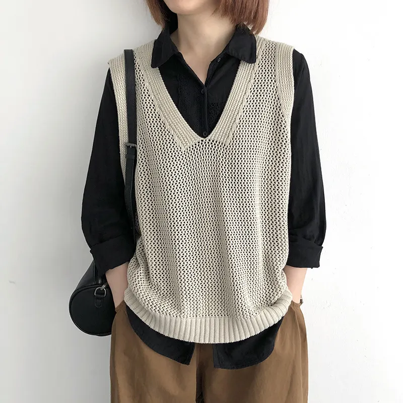 Churchf Churchf Spring 2024 V-Neck Sleeveless Loose Vest New Literary Knit Vest Pure Color Wisp Empty Women Fold Wear Jacket