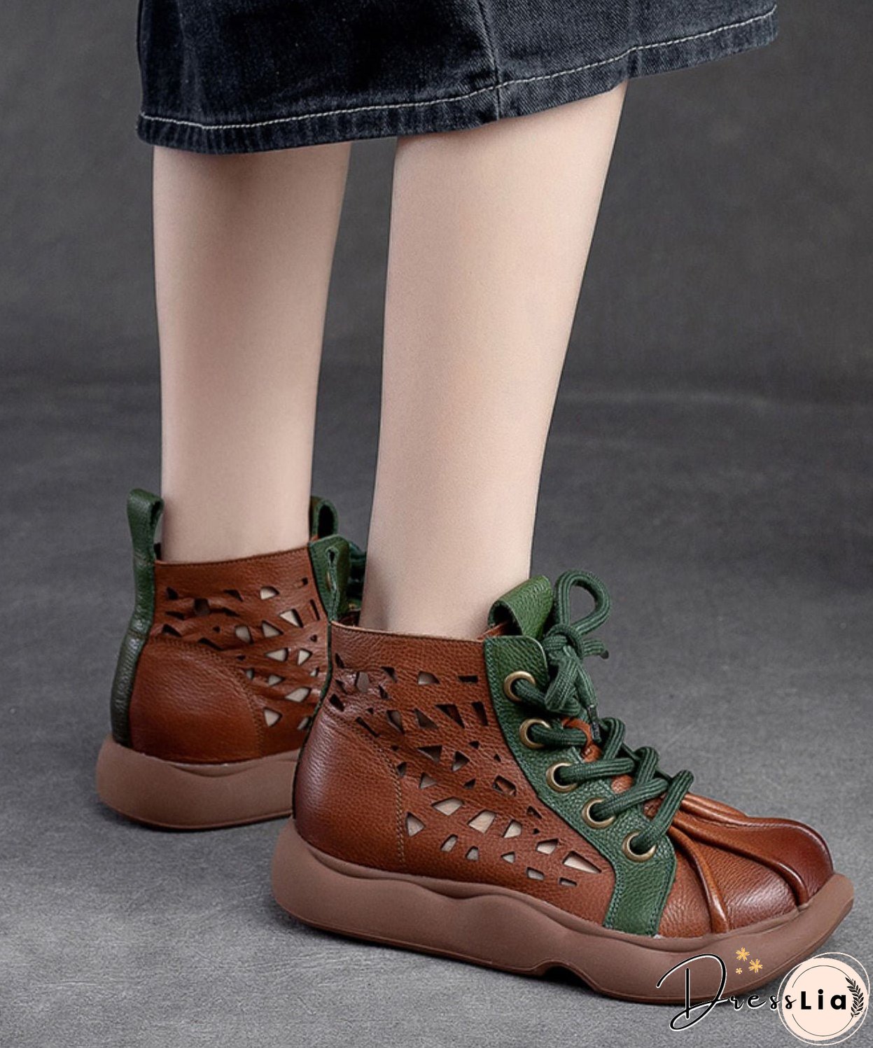 Retro Brown Cowhide Leather Splicing Lace Up Boots