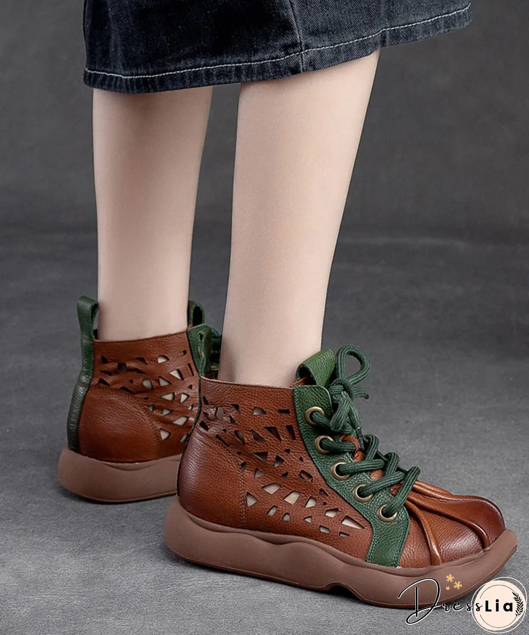 Retro Brown Cowhide Leather Splicing Lace Up Boots