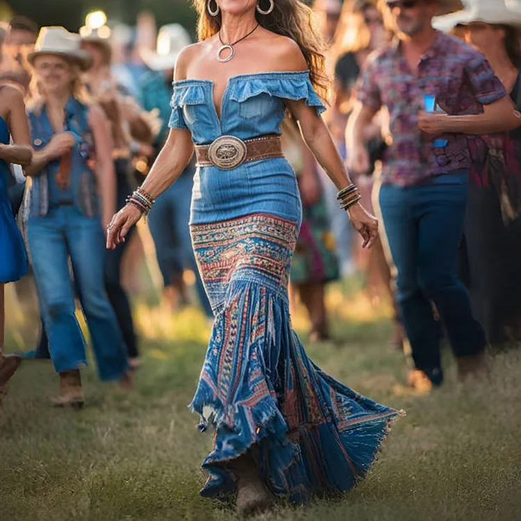 Western Off Shoulder Ruffle Denim-Like Print Maxi Dress
