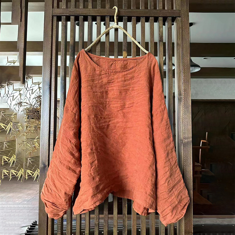 Original Design Sand Washing Round Neck Long Sleeves Linen Shirts
