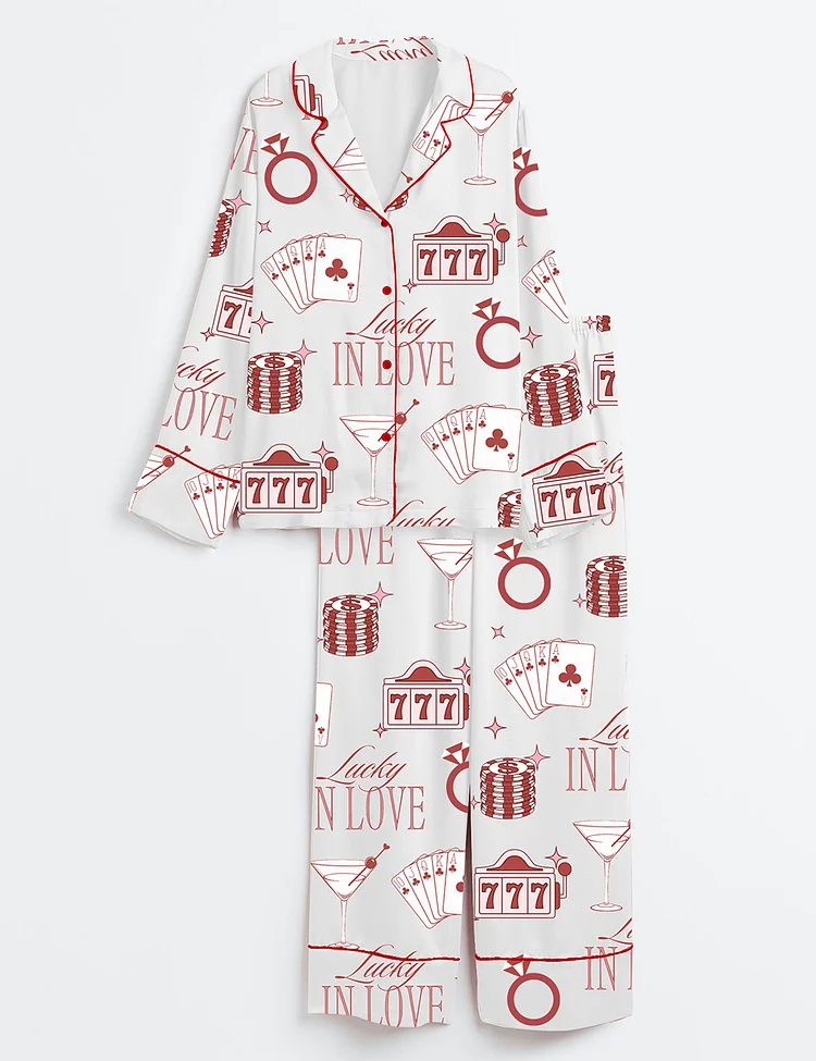 Women&rsquo;s Lucky In Love Bachelorette Casino Bachelorette Party Los Vegas Bachelorette Martini Print Long Sleeve Satin Pajama Set