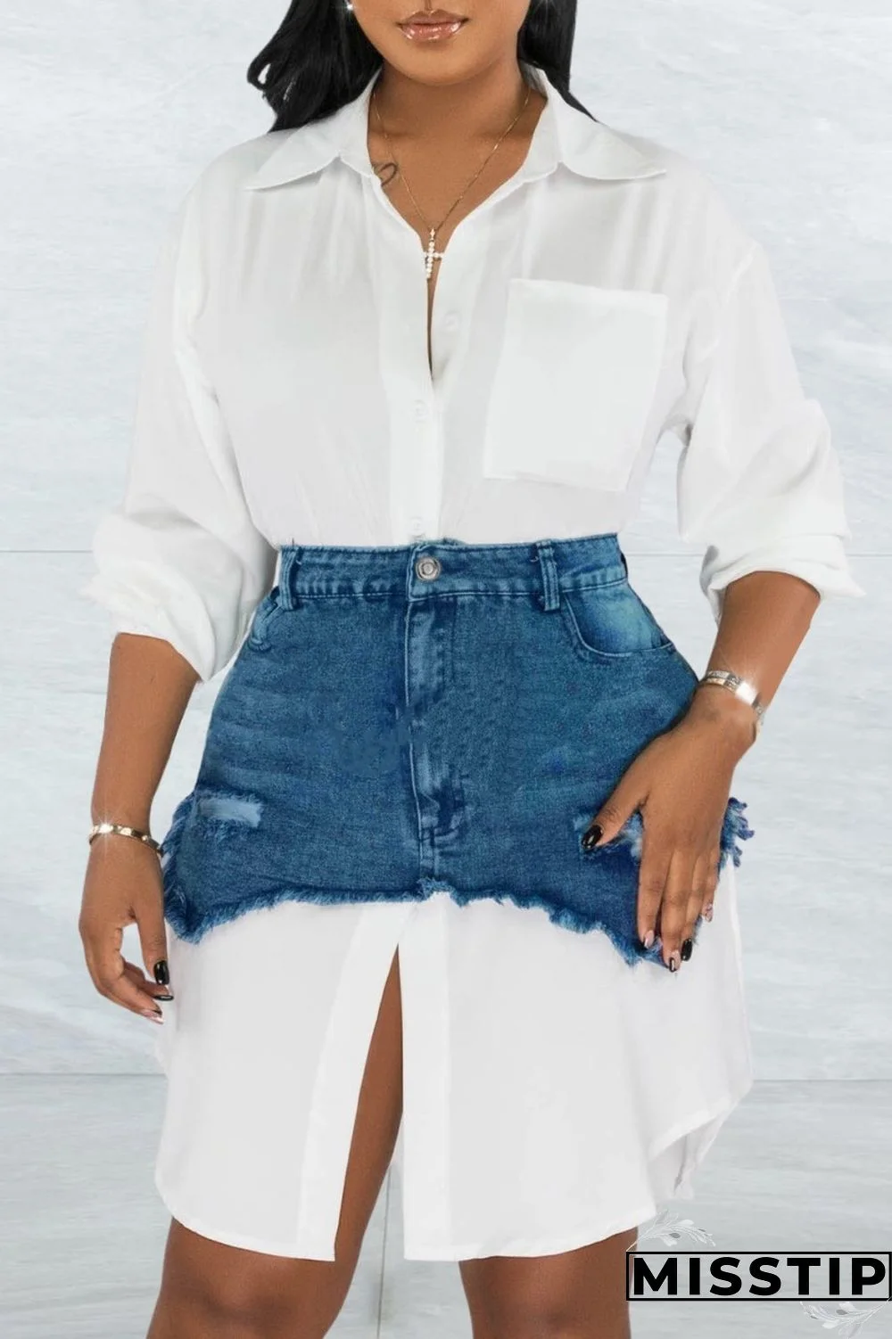 Black Casual Solid Ripped Turndown Collar Long Sleeve Two Pieces