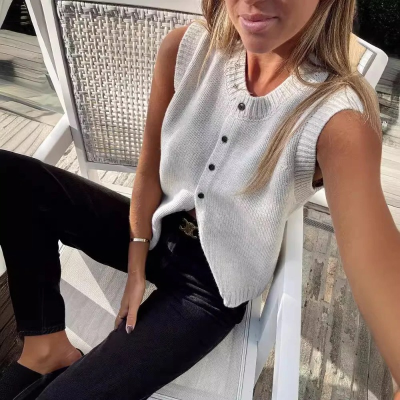 Ootddress Knitted Vests Top For Women Casual Single-Breasted Knitwear Cardigan Tank Sweater Female Solid Sleeveless 2025 Fashion
