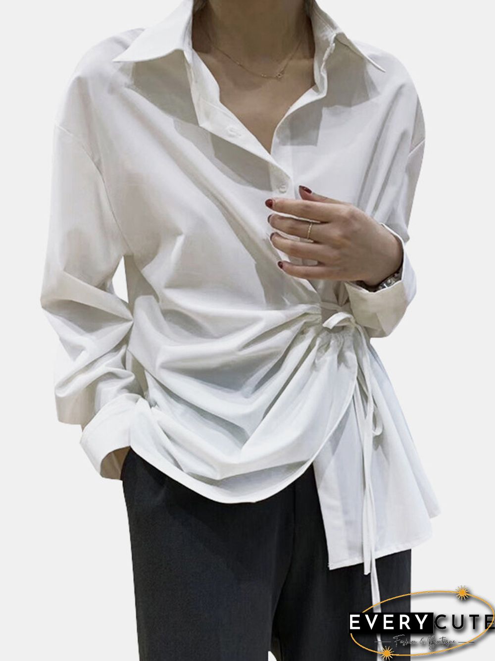 Solid Color Lace Up Turn down Collar Long Sleeve Irregular Shirt P1710631