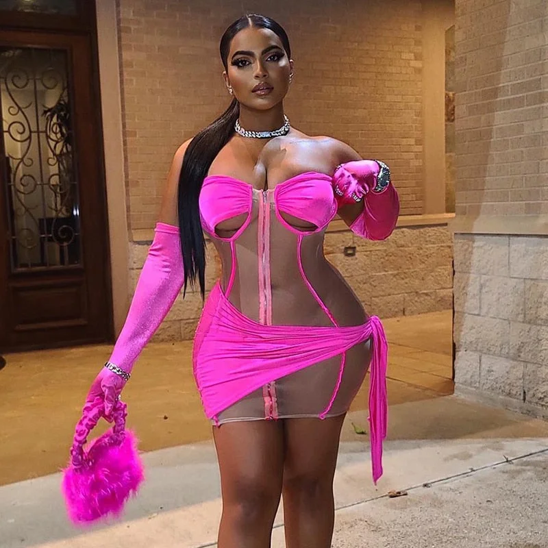 BIIKPIIK Female Clubwear Stitching Wrapped Chest Dress With Golves Sexy Fashion Sheath Mini Party Style Clothing Pink Dresses