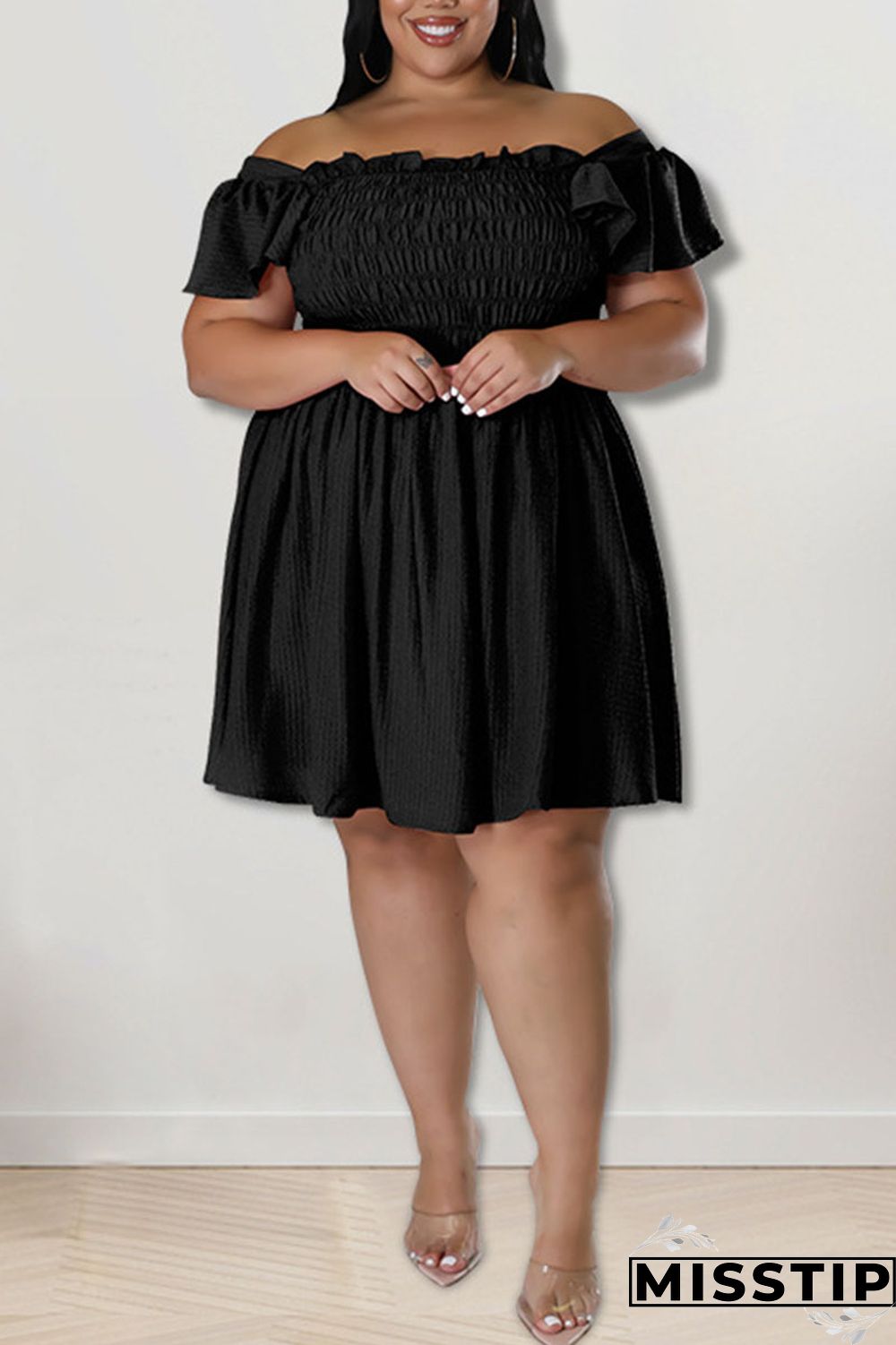 Rose Red Casual Sweet Solid Patchwork Fold Off the Shoulder A Line Plus Size Dresses