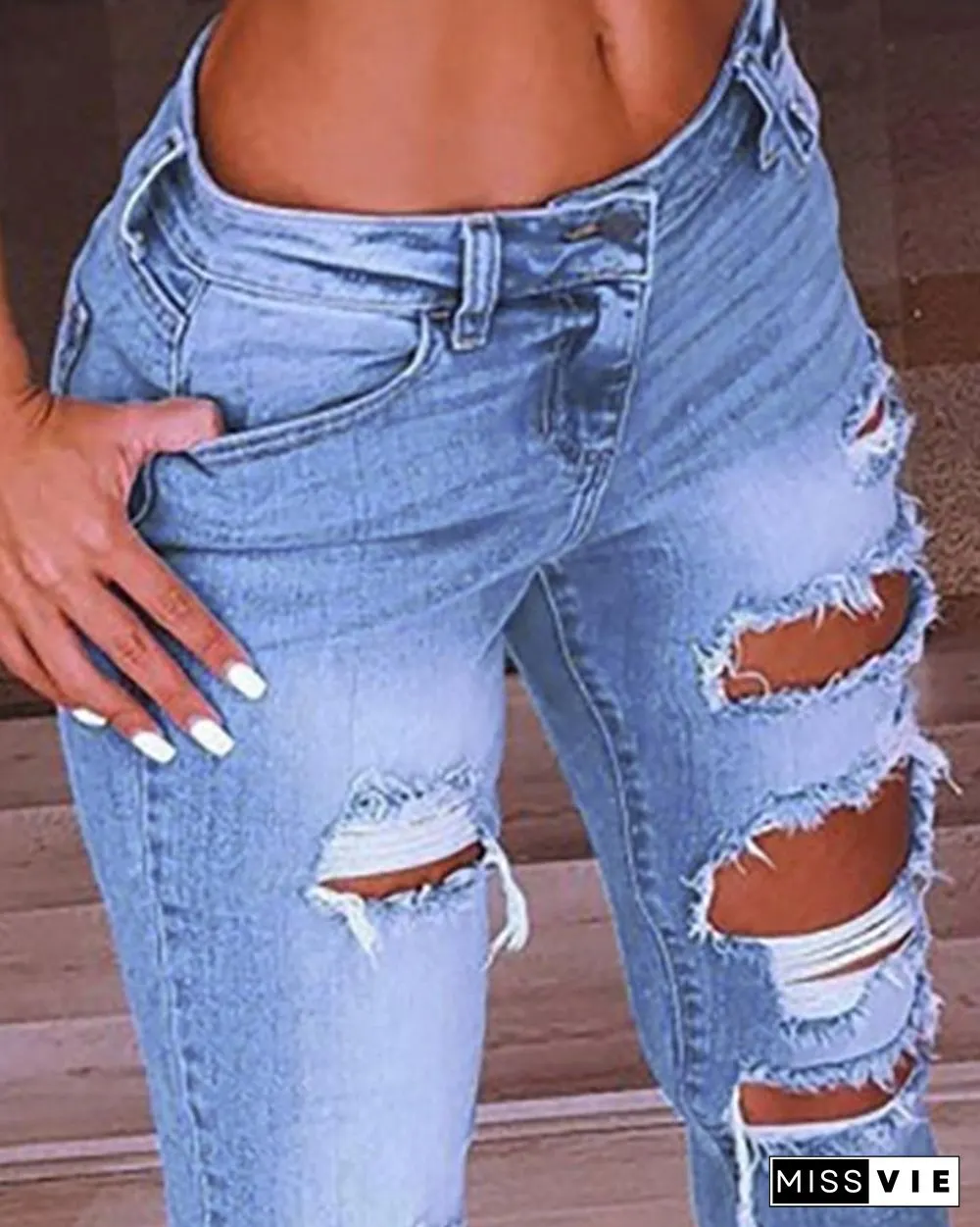 Fringe Hem Cutout Distressed Denim Pants P12077