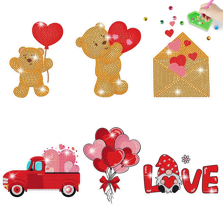 6 Pcs Valentine Bear Gnome Diamond Painting Sticker Art Craft for Boy Girls Gift