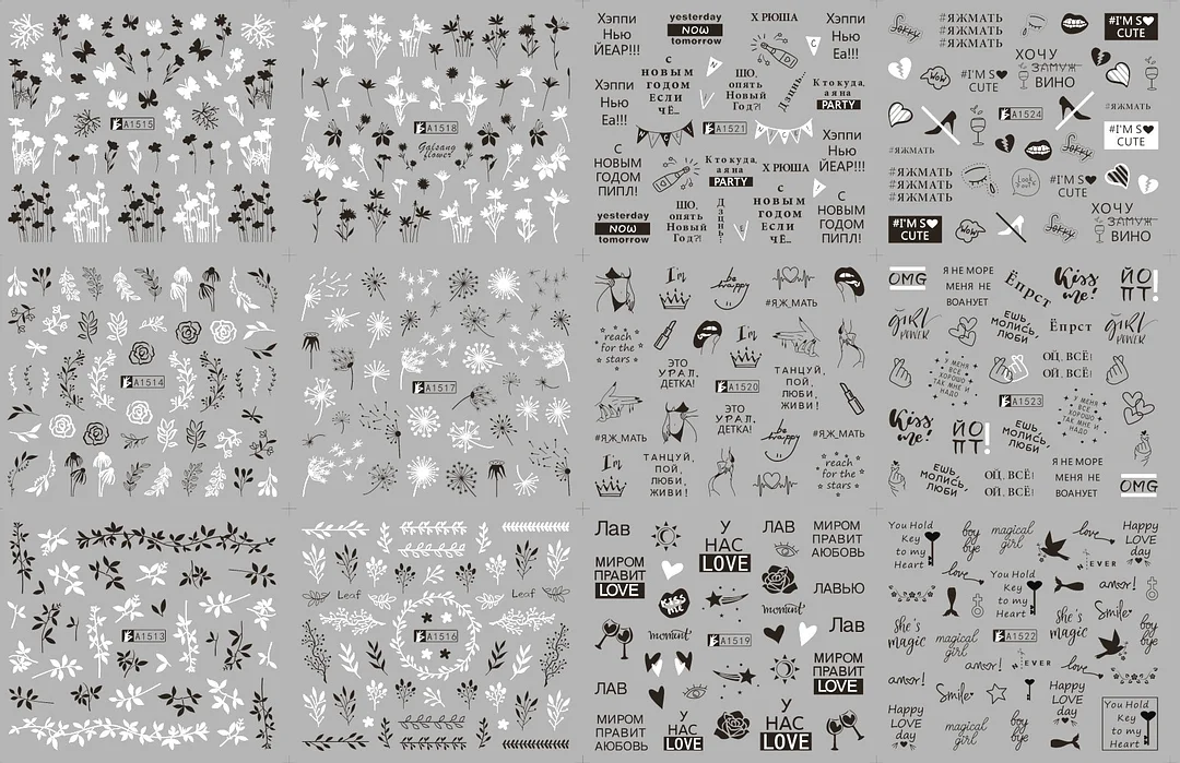 12Pcs Leaves Flowers Design Water Decals Stickers For for Nails Inscriptions Nail Art Decoration Tips-Nail Inspo