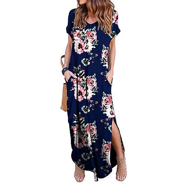 Elegant Boho Floral Maxi Dress V-Neck Short Sleeve Irregular Casual Beach Dress