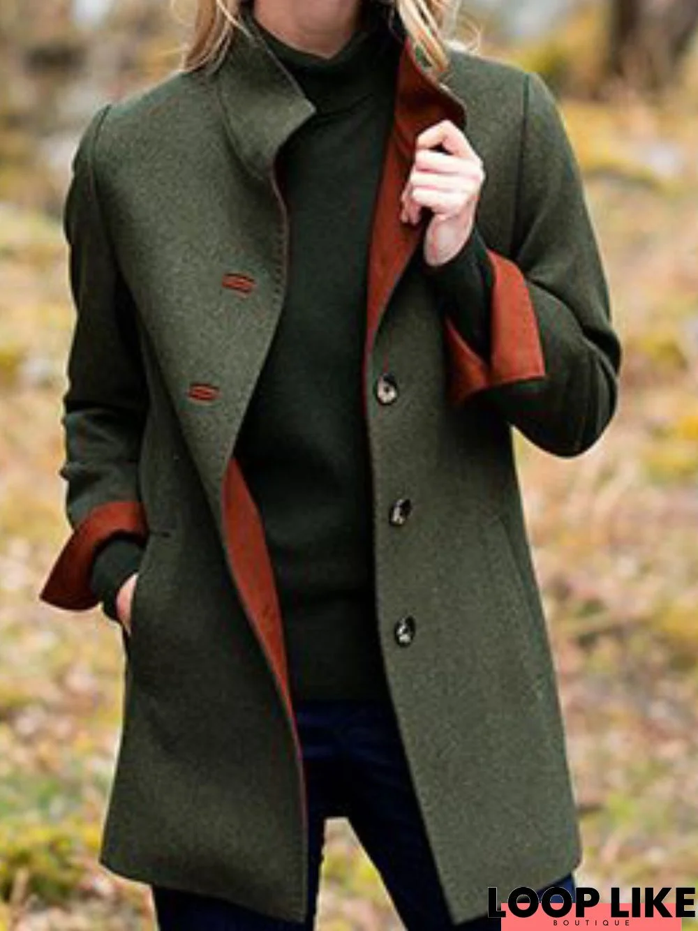 Green Solid Long Sleeve Pockets V Neck Jacket