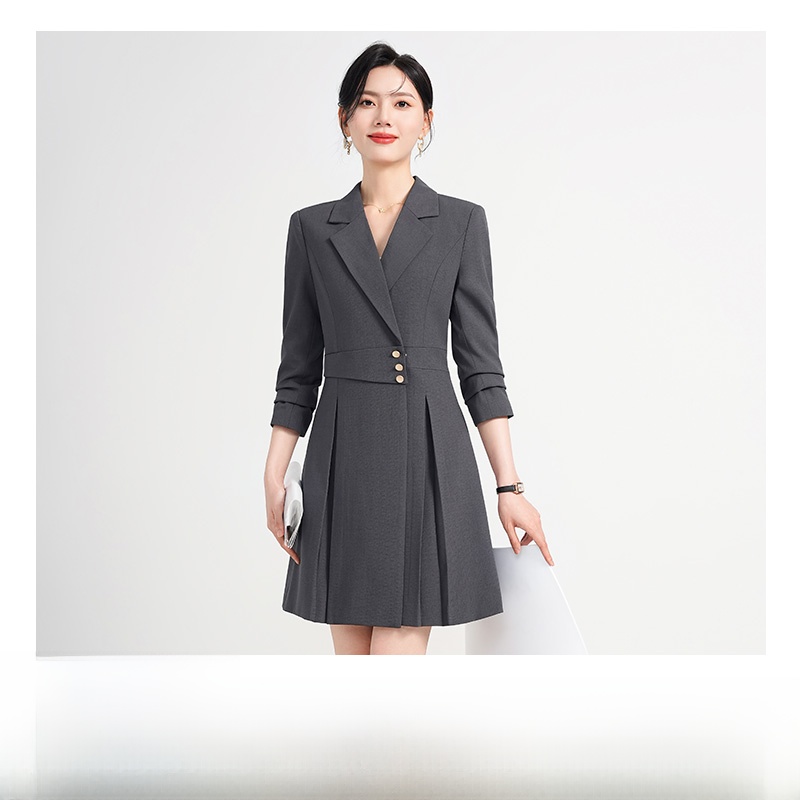 Elegant Hostess Suit Dress Women's Apricot Business Formal Gown Fashionable Waist-Cinched Suit Skirt Long Sleeve V-Neck A-Lin...