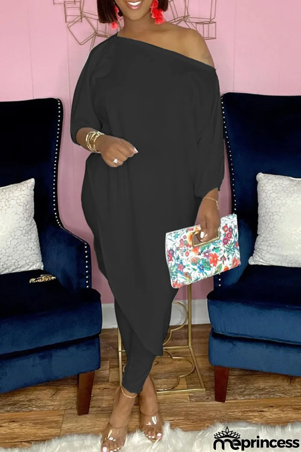 White Casual Print Split Joint One Shoulder Three Quarter Two Pieces