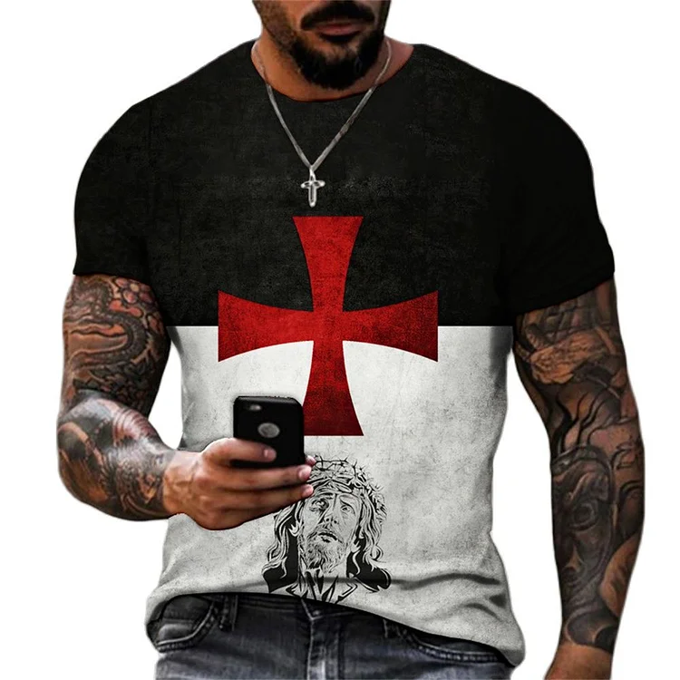 Vintage Cross 3D Print Men's Short Sleeve T-shirts at Hiphopee