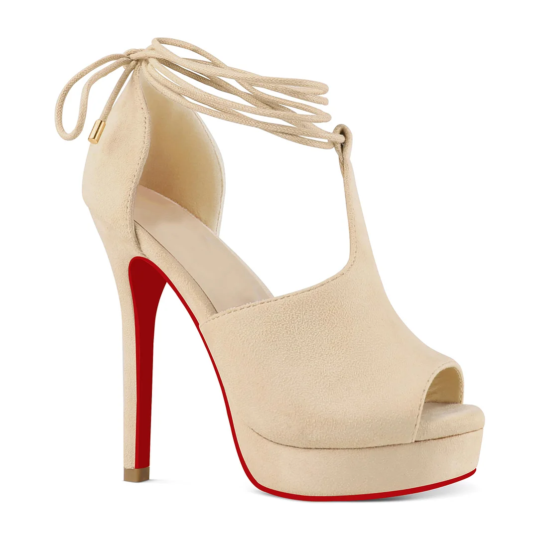 5.1"/130mm Women's Peep Toe Heel Platform Stiletto High Heels Strappy Lace up Heels Dress Party Red Bottom Sandals-MERUMOTE