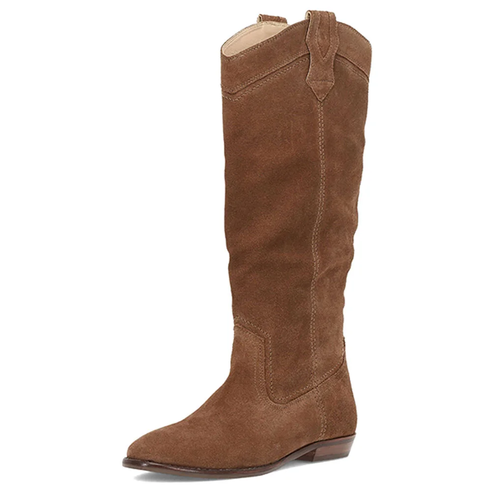 Brown Vegan Suede Round Toe Pull-On Flat Western Boots for Women